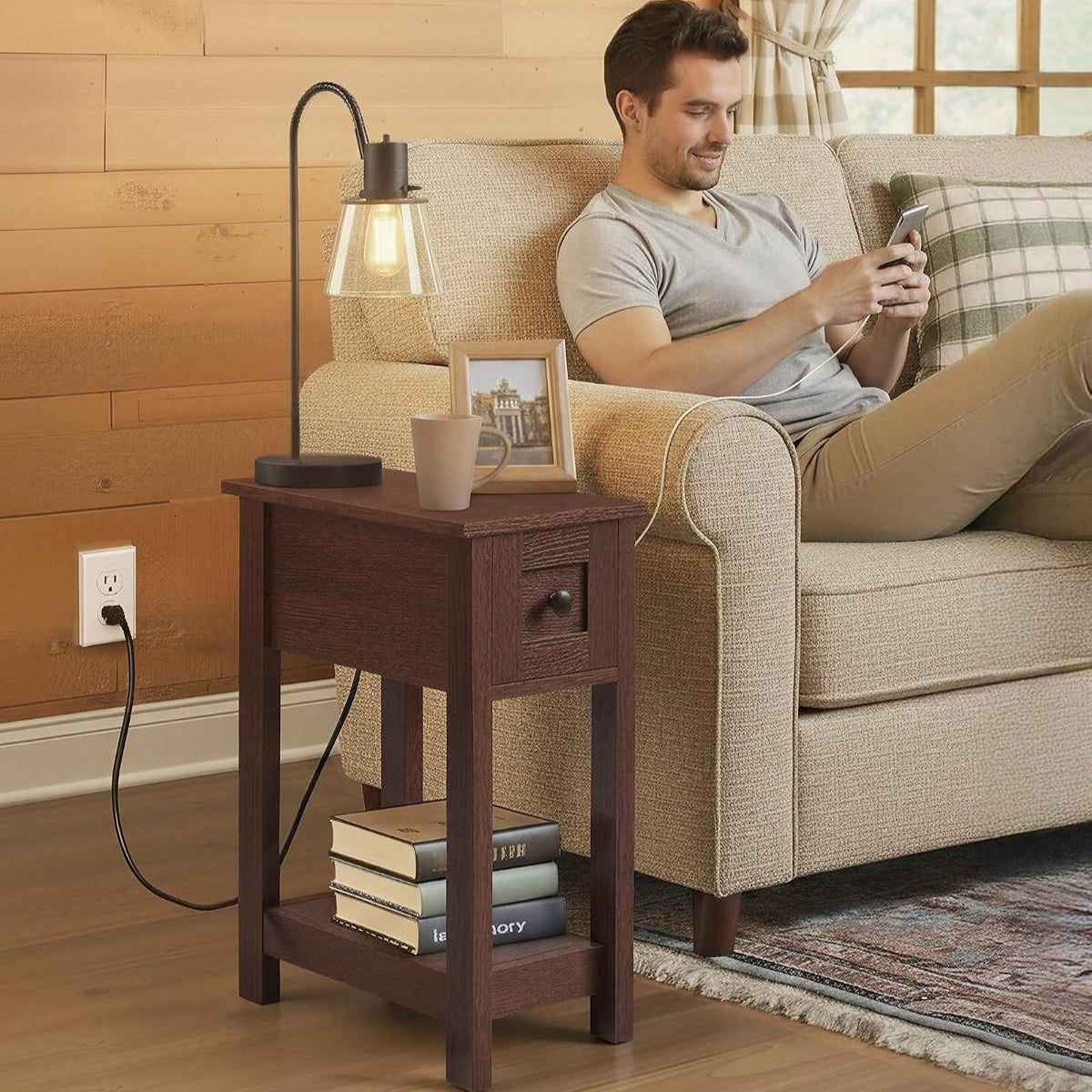Saddle Brown Charging Farmhouse End Table