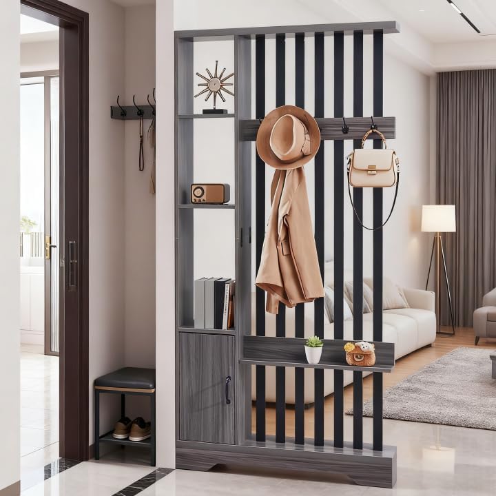 Grey Wood Storage Bookshelf Room Divider with Coat Rack