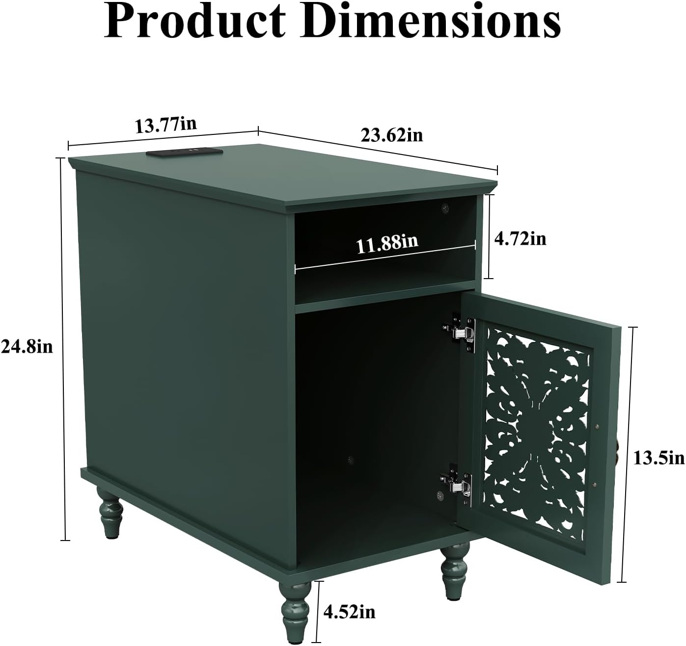 Green Carved Door Side Table Set of 2 with Charging Station