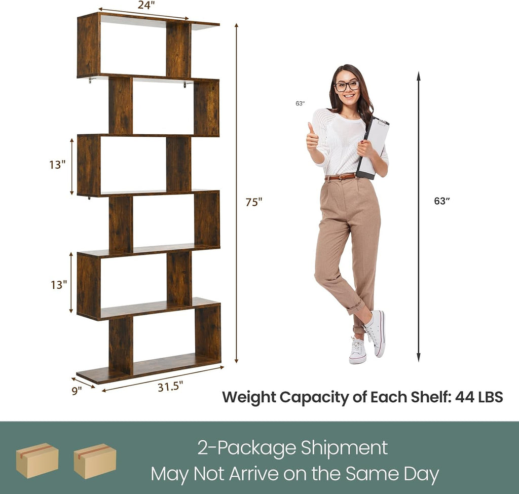Rustic Brown S-Shaped 6 Tier Geometric Bookcase