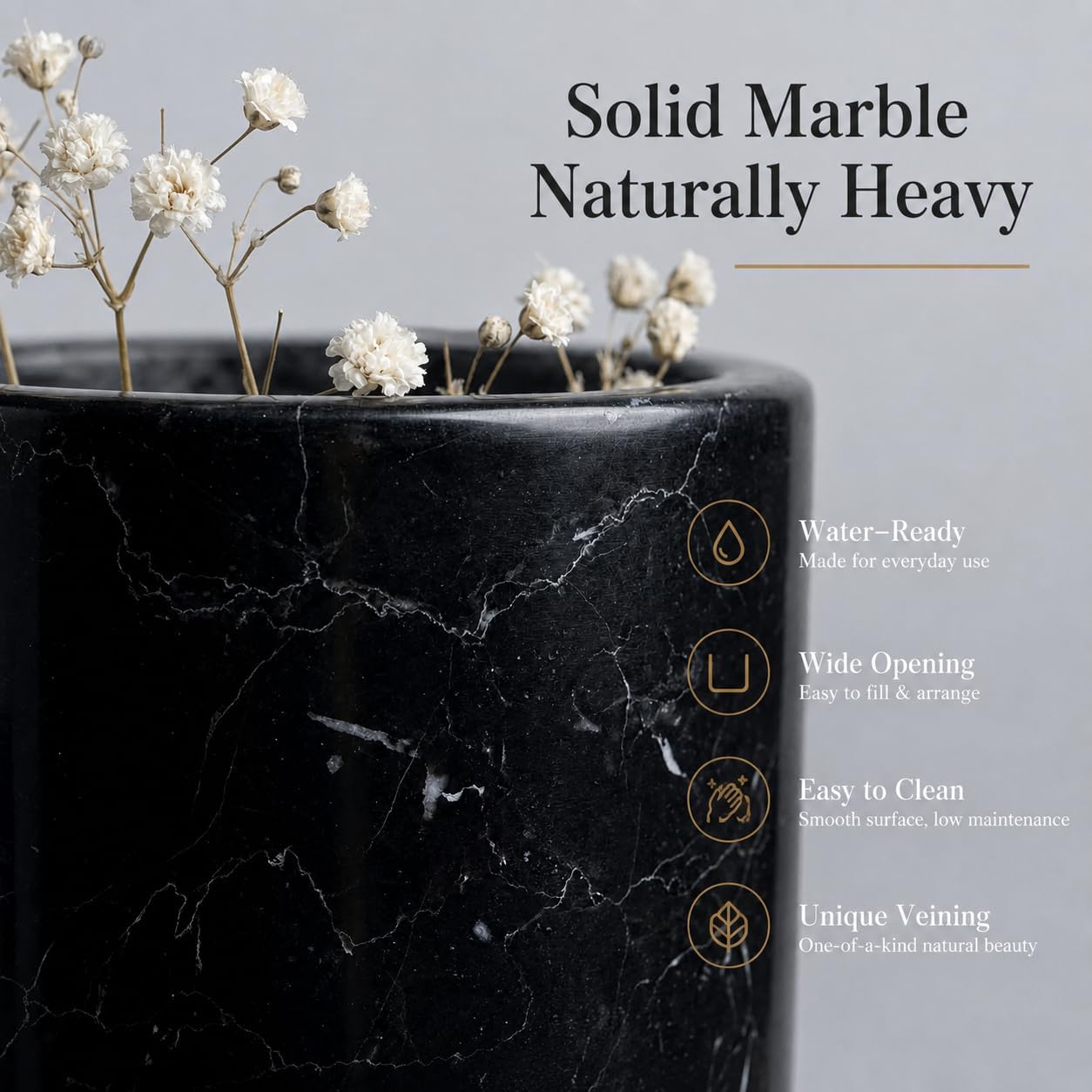 Tall Black Marble Decor Flower Vase