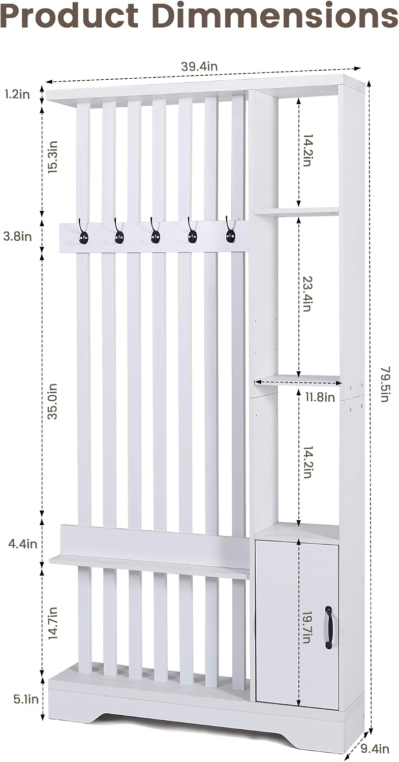 White Wood Storage Bookshelf Room Divider with Coat Rack