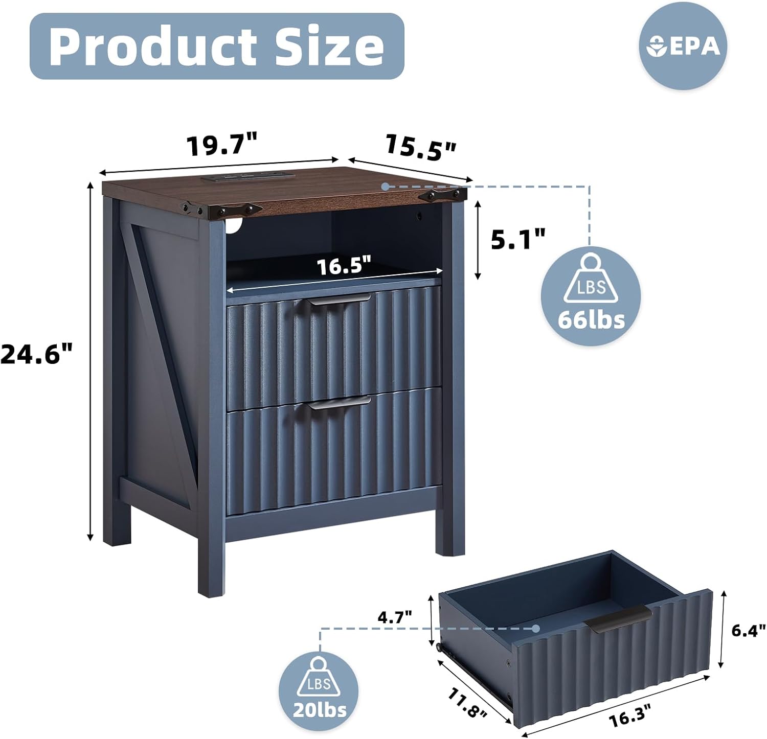 Navy Fluted Charging Nightstand