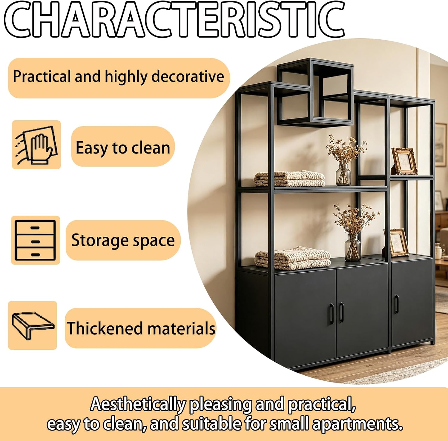 Black Modern Open Shelving Storage Room Divider Cabinet