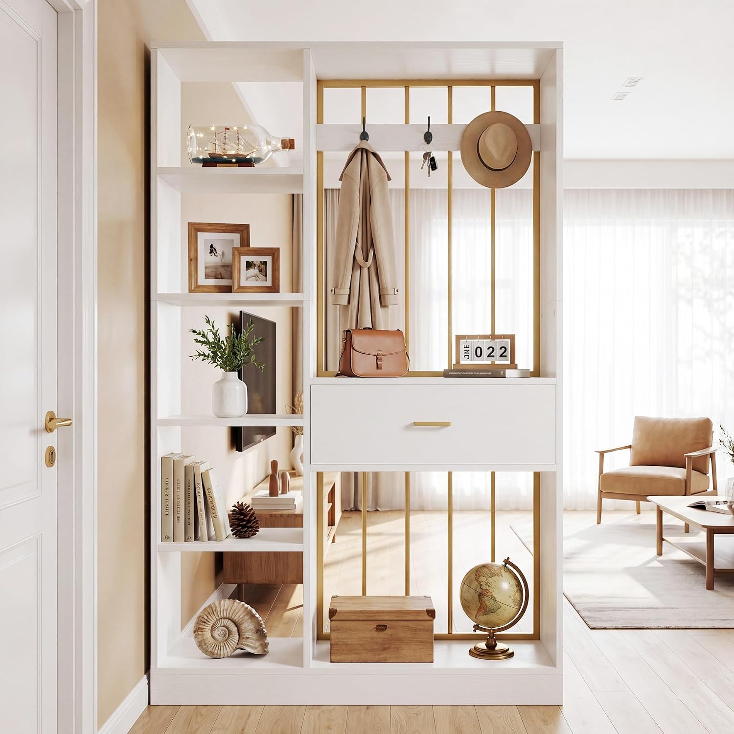 White Gold Shelved Room Divider with Drawer Coat Racks