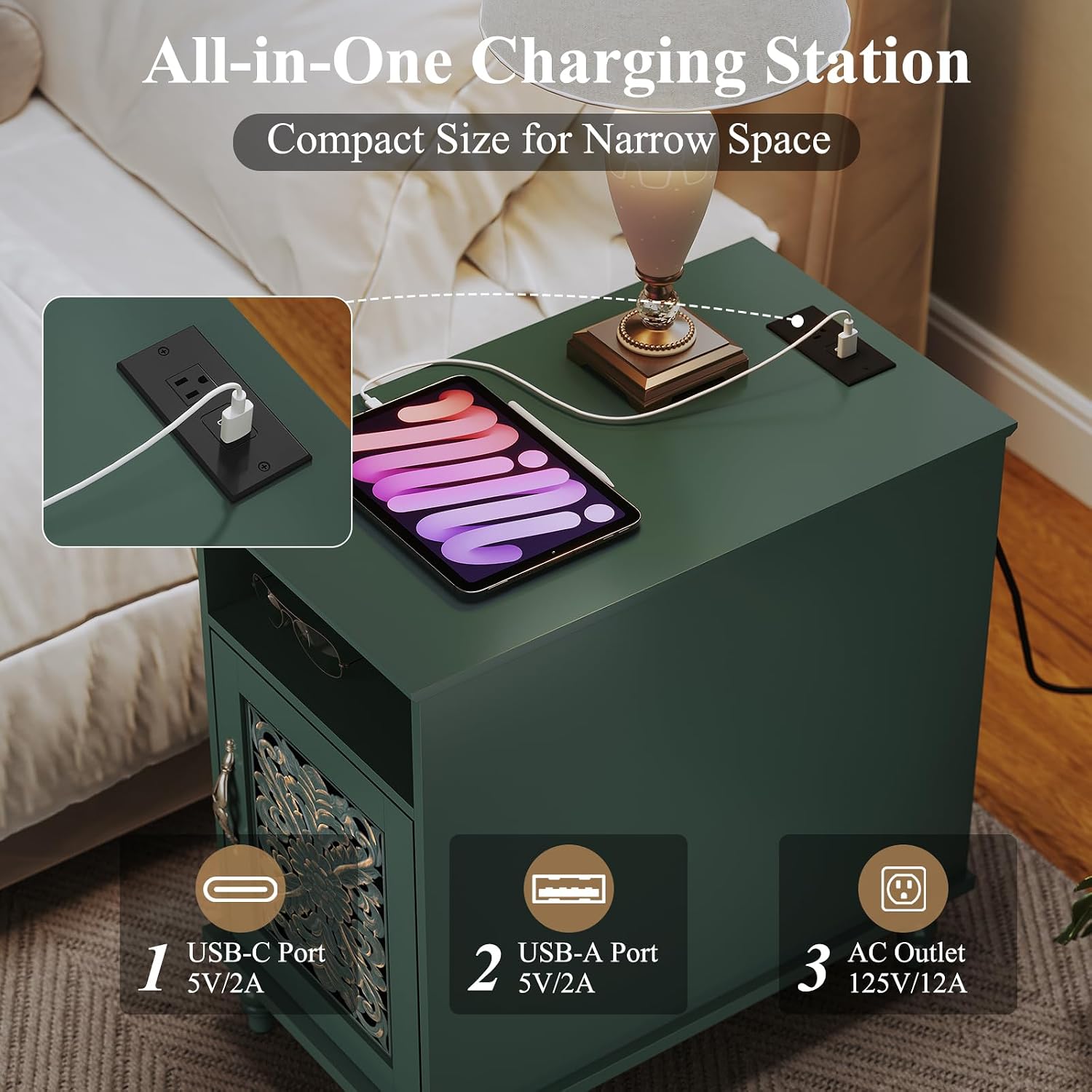 Green Carved Door Side Table Set of 2 with Charging Station