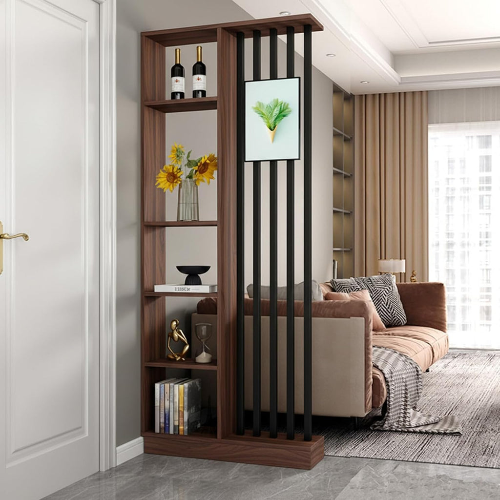 Walnut Industrial Floor-to-Ceiling Shelving Room Divider
