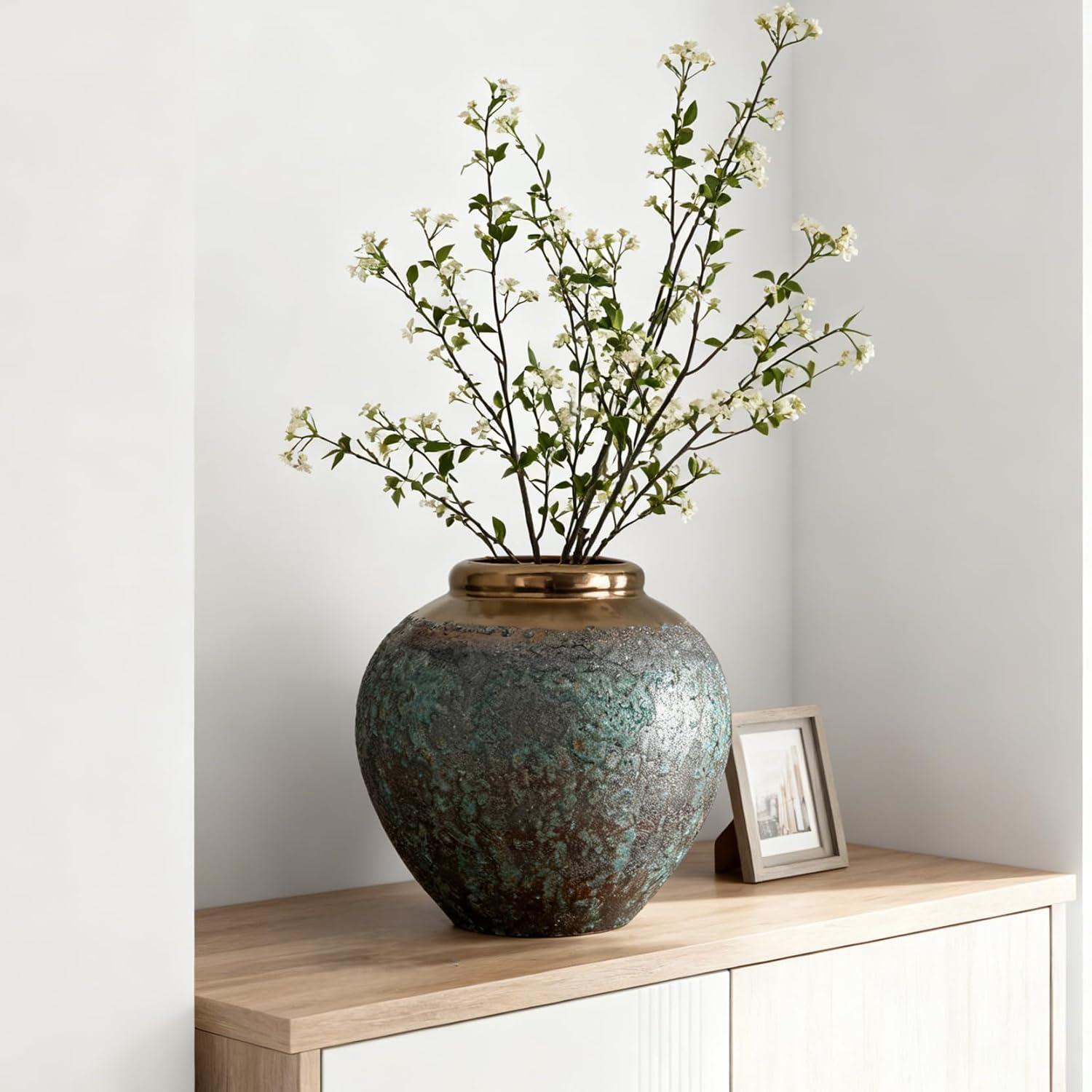Tall Terracotta Ceramic Vase with Bronze Rim