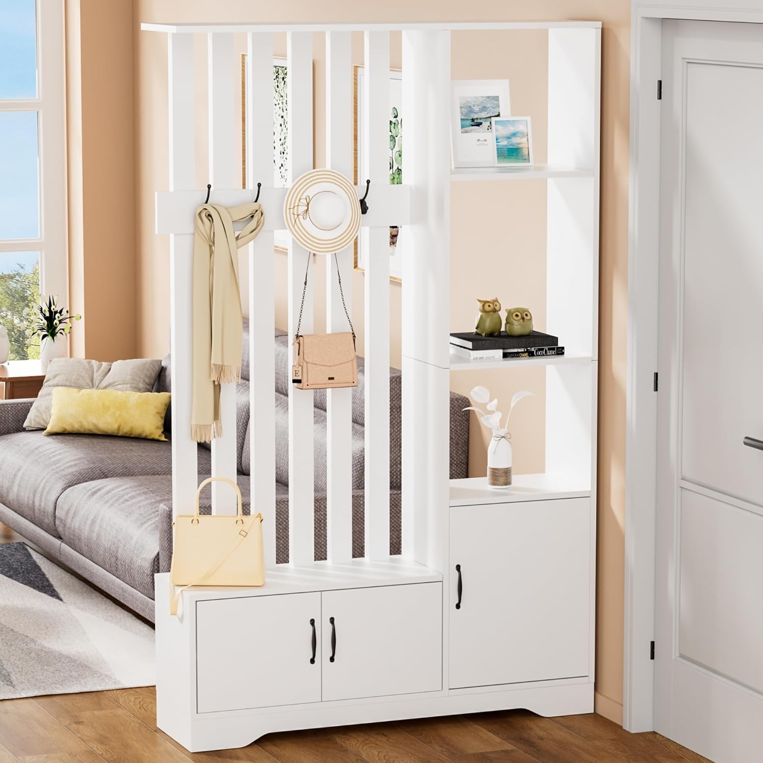 Floor-to-Ceiling Room Divider with Shoe Storage & Coat Rack