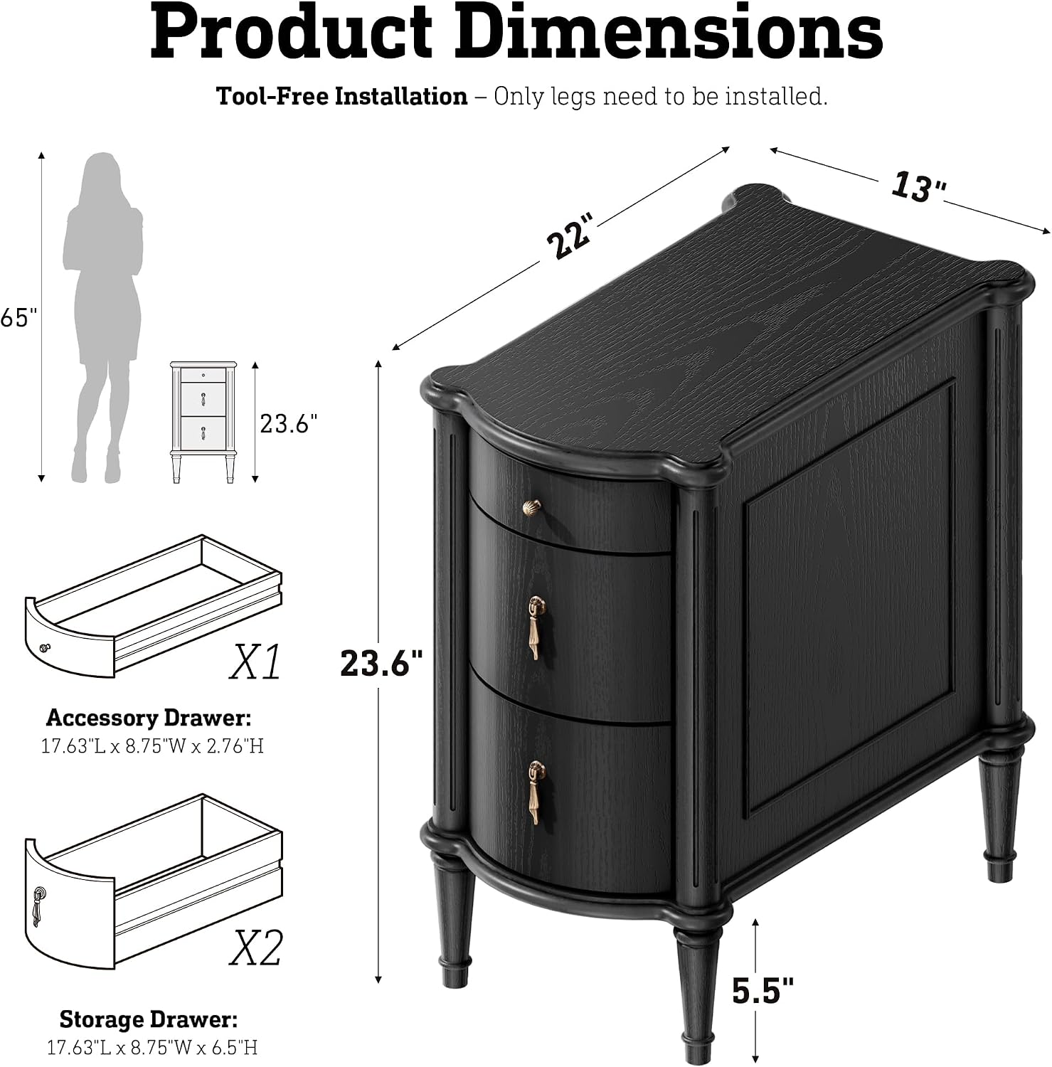 Black Charging Vintage Drawer Nightstand