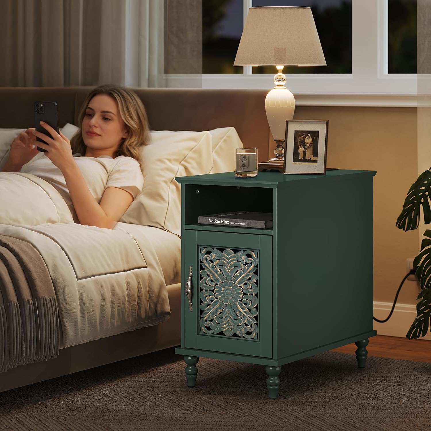 Green Carved Door Side Table Set of 2 with Charging Station