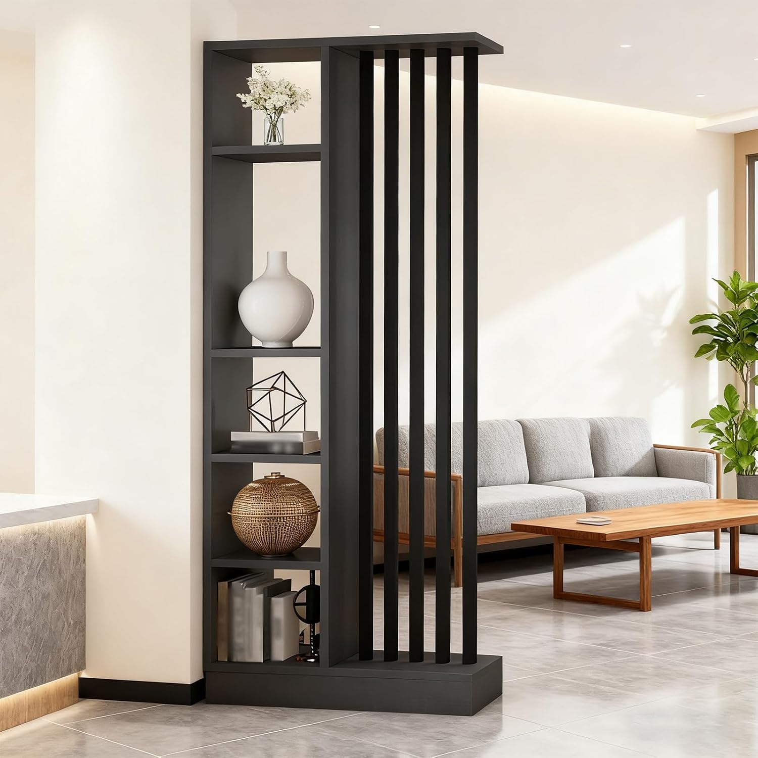 Gray Black Floor-to-Ceiling Shelved Entrance Room Divider