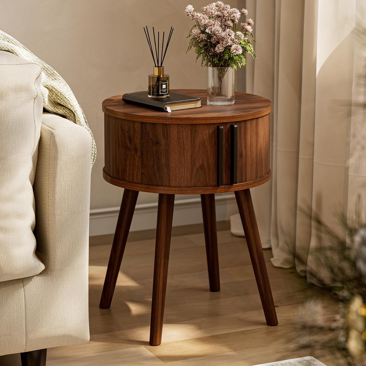 Walnut Sliding Door Round Side Table