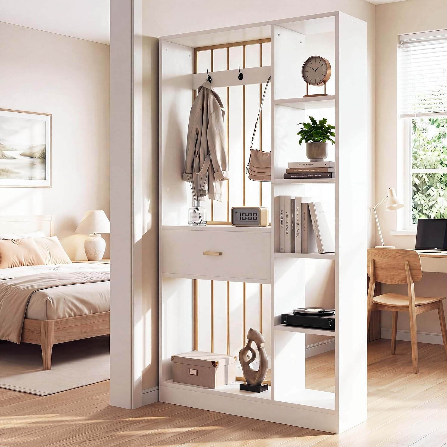 White Gold Shelved Room Divider with Drawer Coat Racks