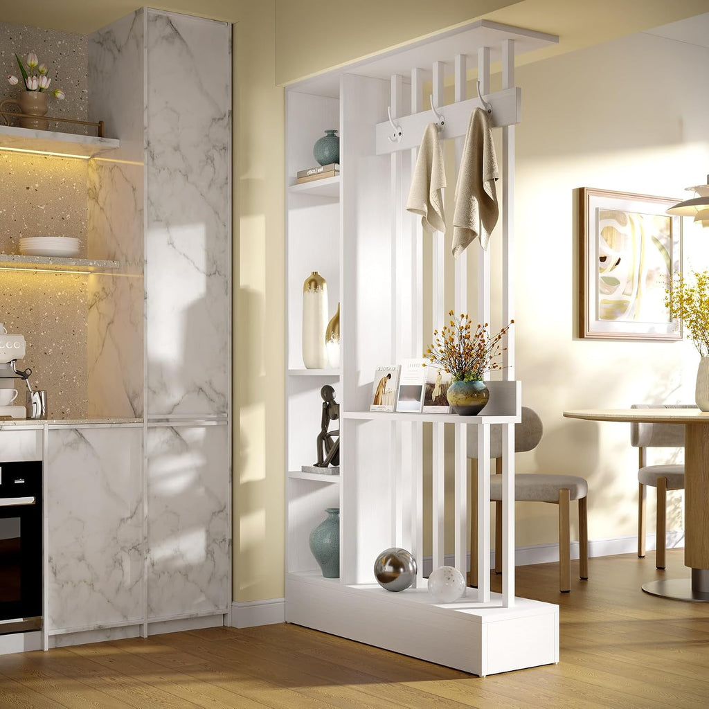 White Shelved Bookcase Room Divider with Coat Hooks