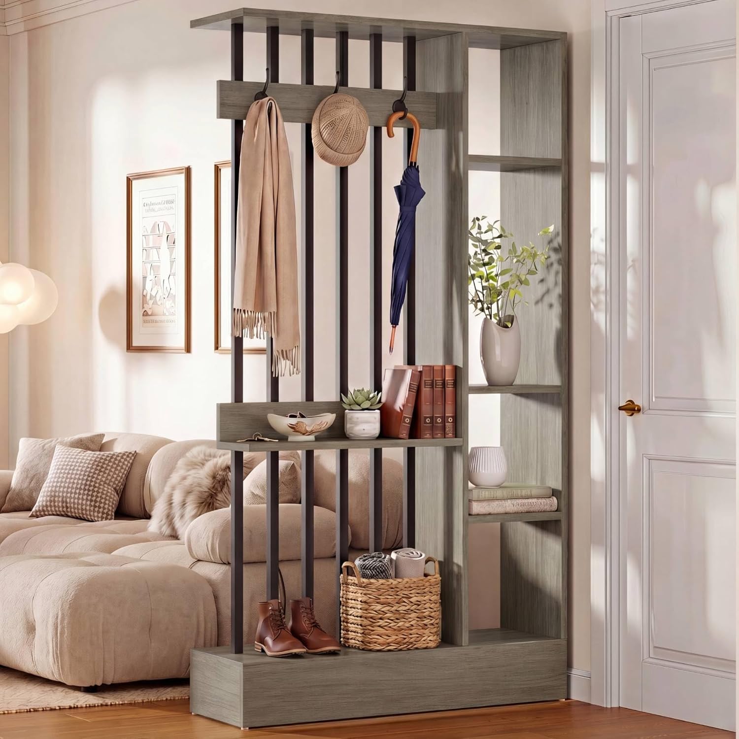 Grey Storage Coat Hook Freestanding Room Divider Shelf