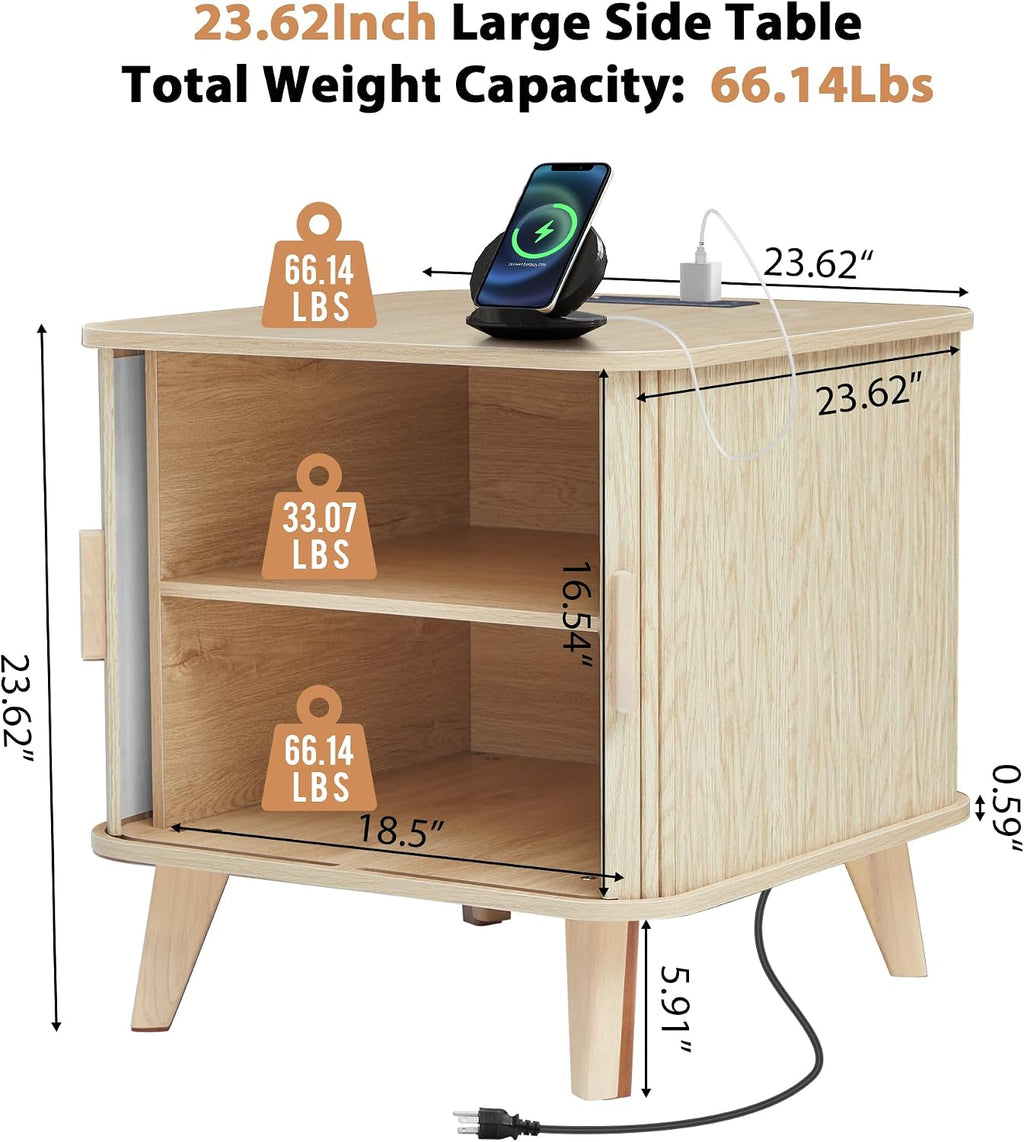 Fluted Wood End Table with Charging Station