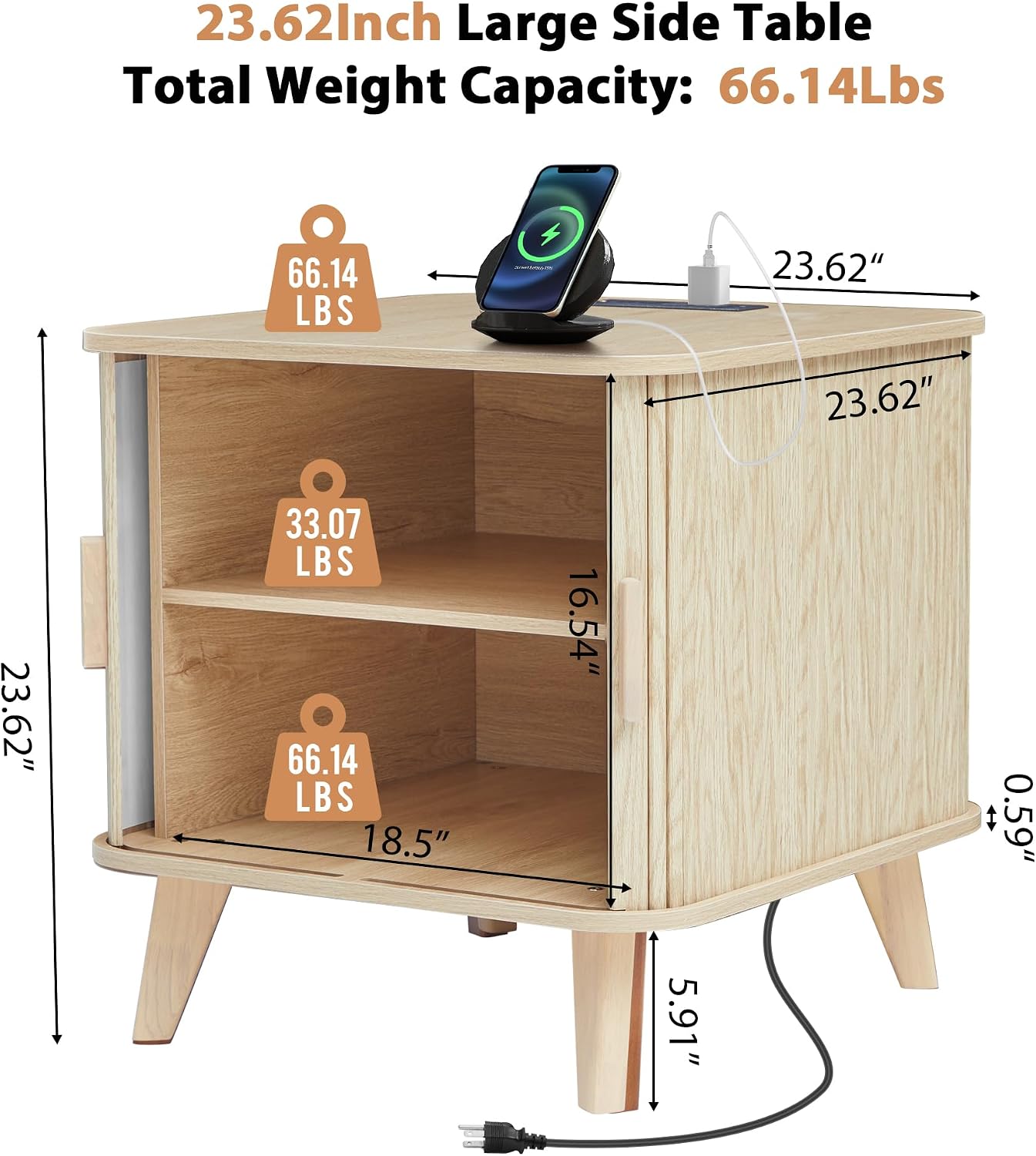 Fluted Wood End Table with Charging Station