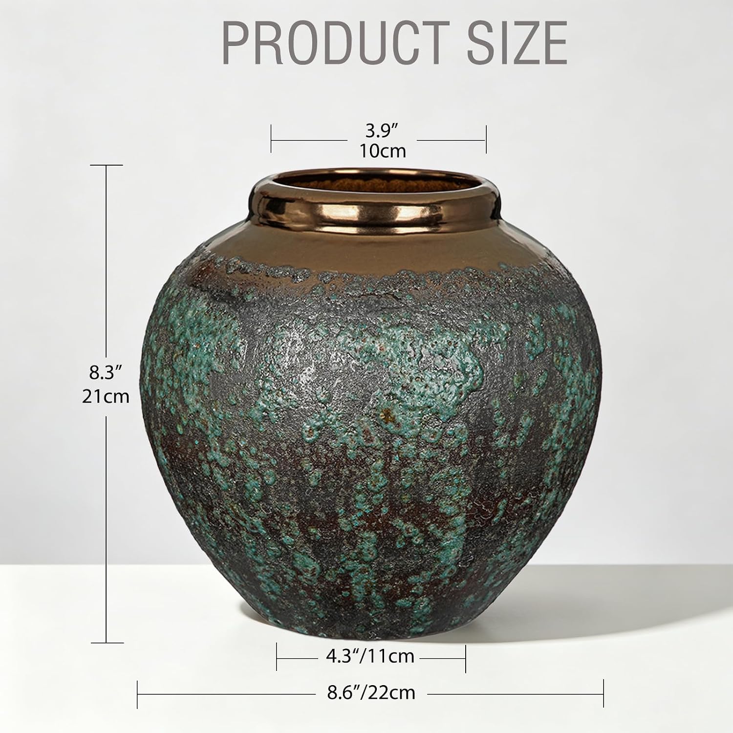 Tall Terracotta Ceramic Vase with Bronze Rim
