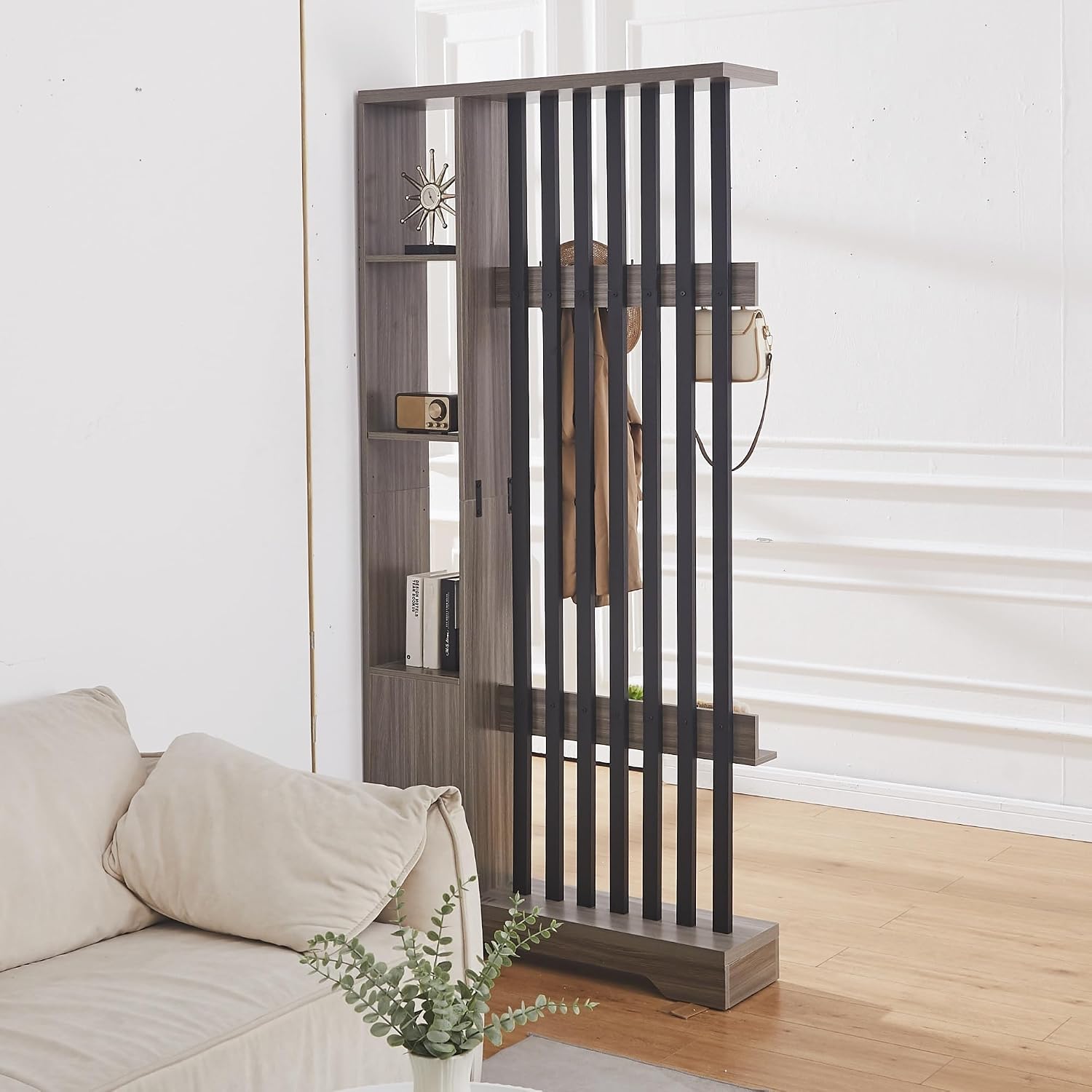 Grey Wood Storage Bookshelf Room Divider with Coat Rack