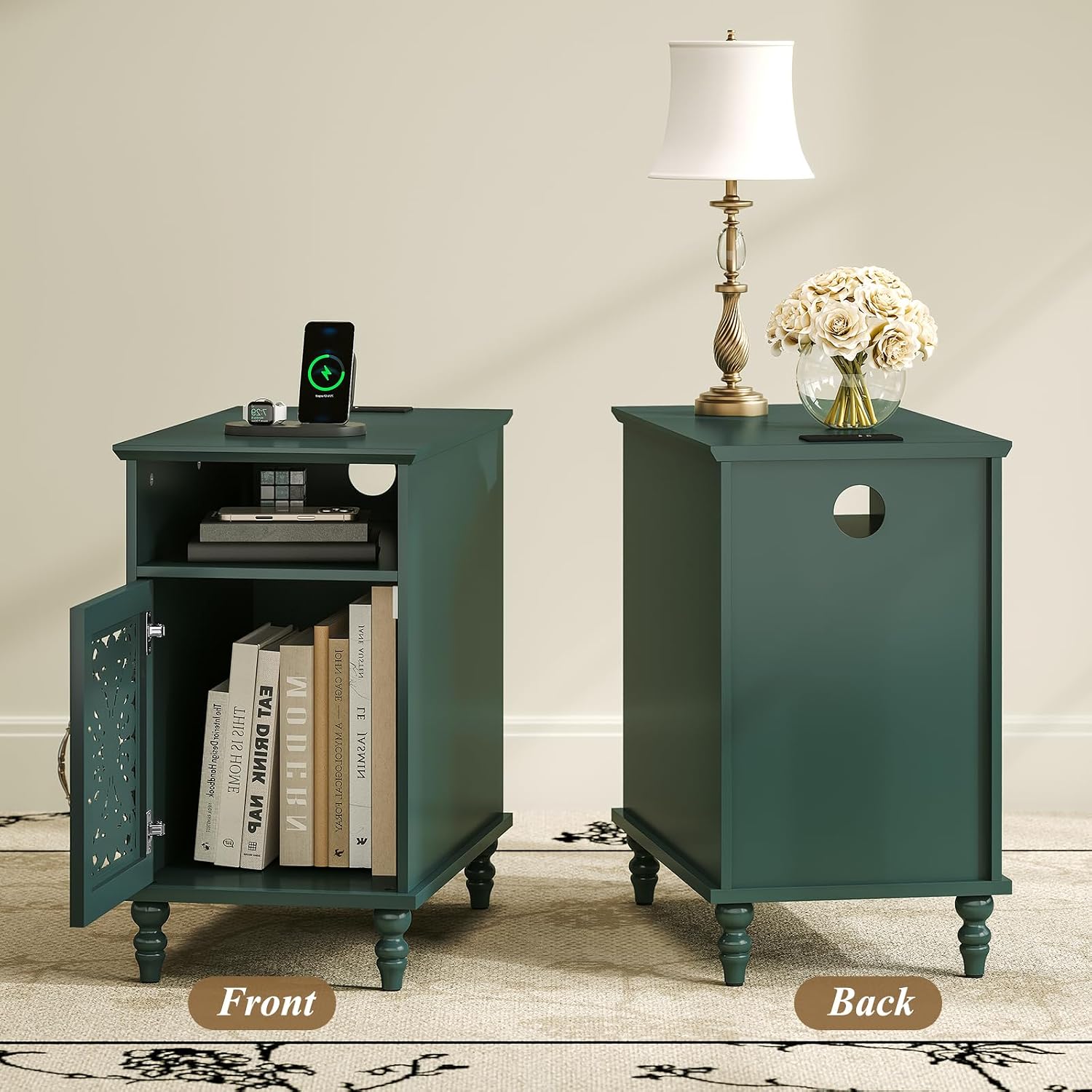 Green Carved Door Side Table Set of 2 with Charging Station