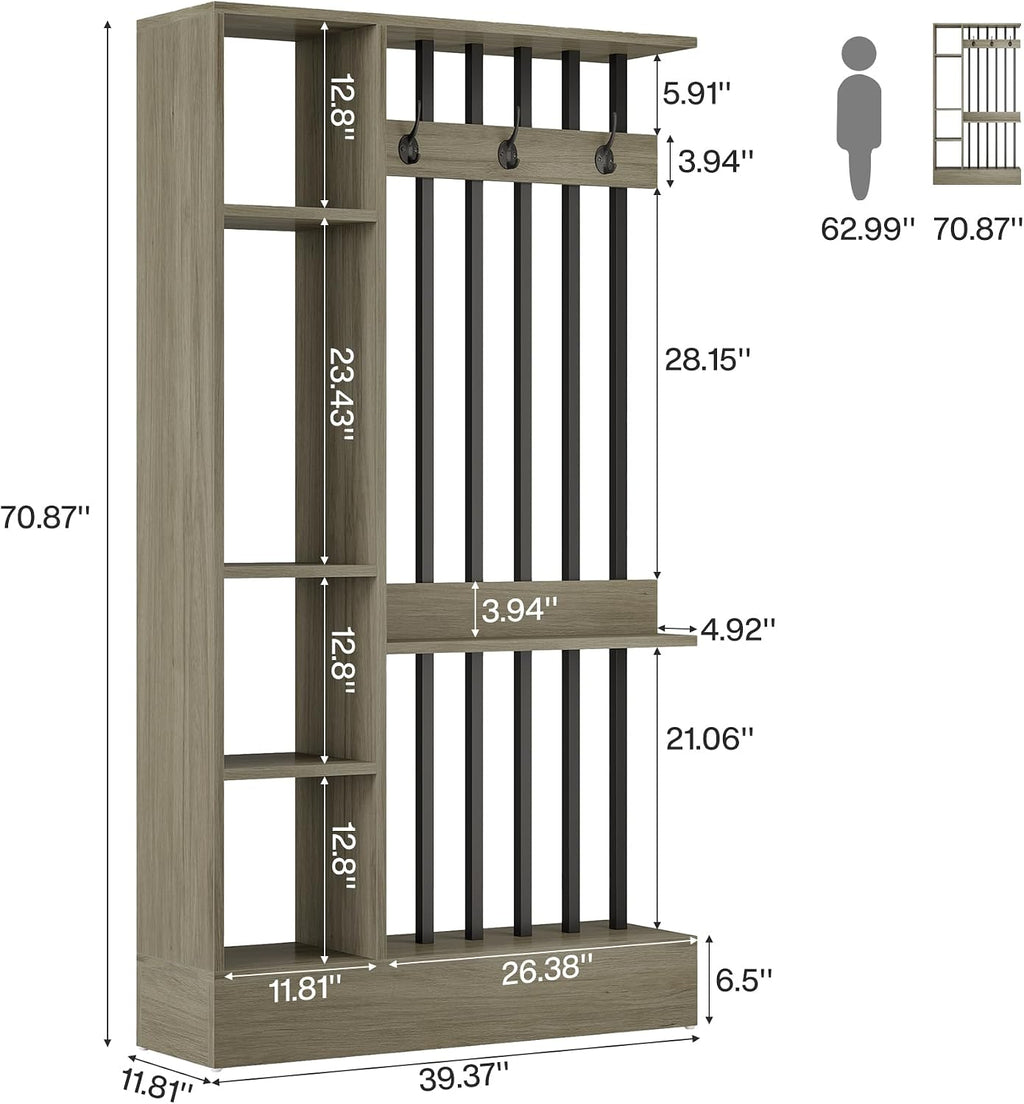 Grey Storage Coat Hook Freestanding Room Divider Shelf