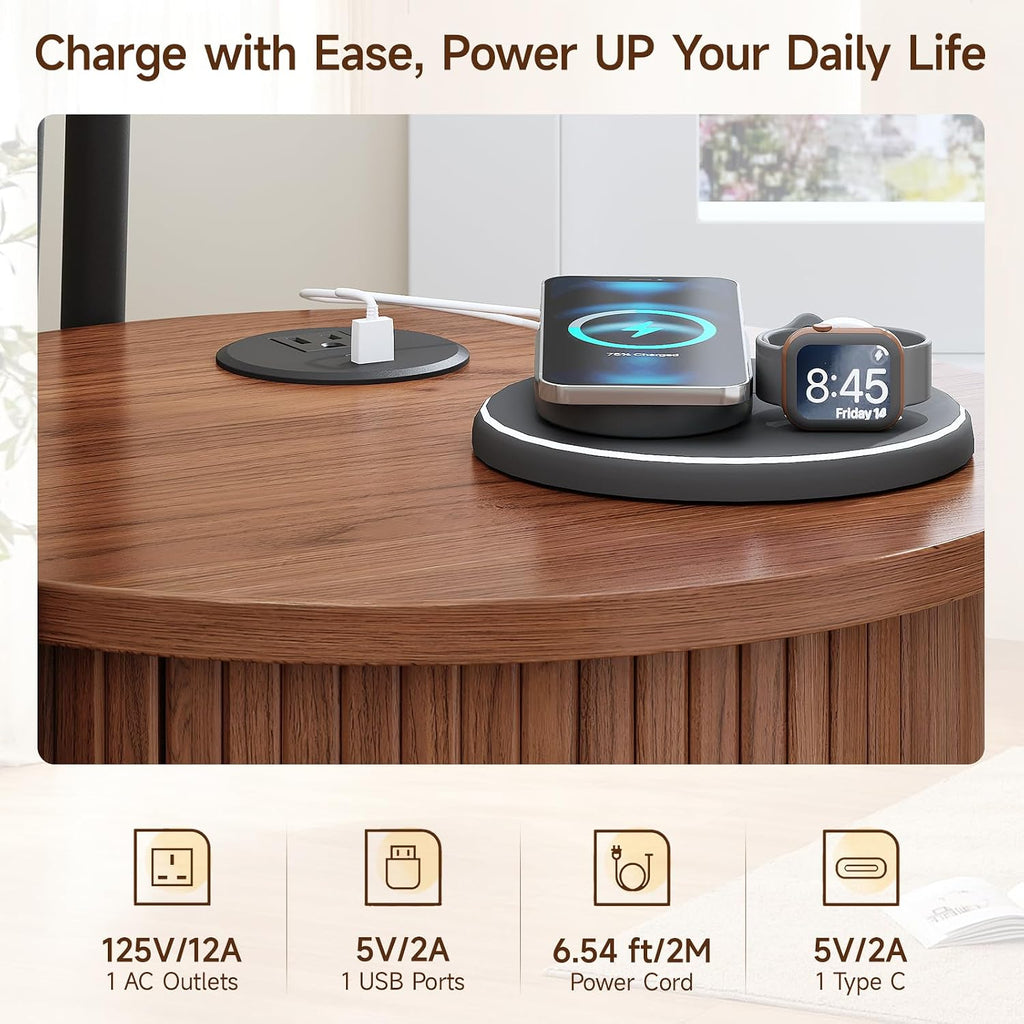 Walnut Fluted Charging Round Side Table