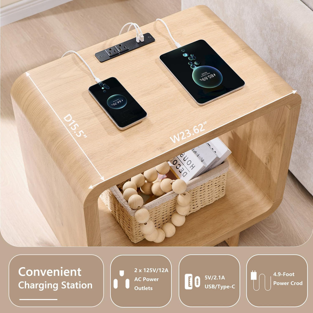 Oak Charging 2-Tier Side Table