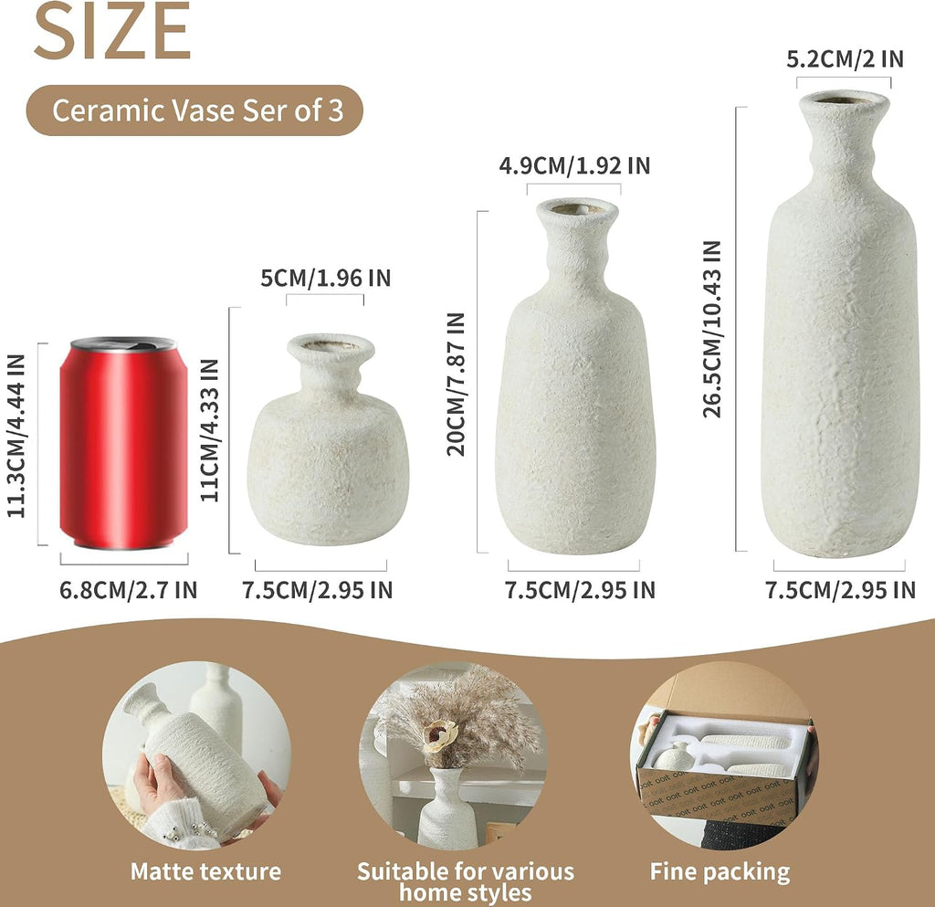 Whitewashed Rustic Ceramic Vase Set of 3
