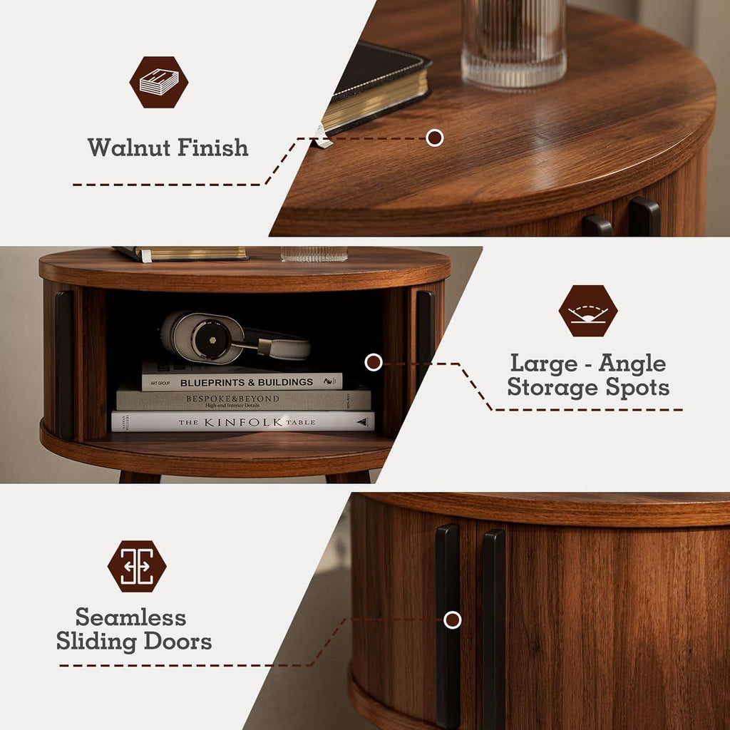 Walnut Sliding Door Round Side Table