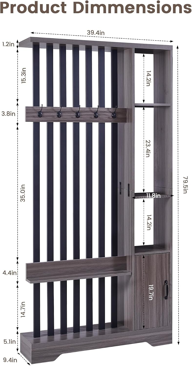 Grey Wood Storage Bookshelf Room Divider with Coat Rack