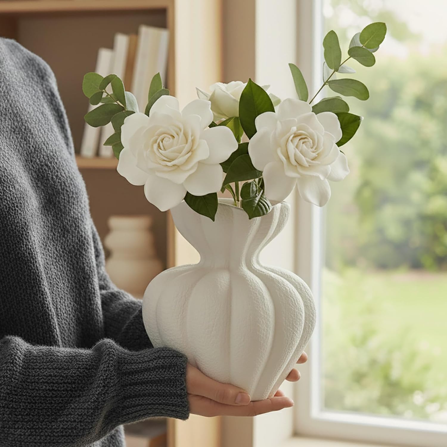 White Boho Decor Ceramic Flower Vase