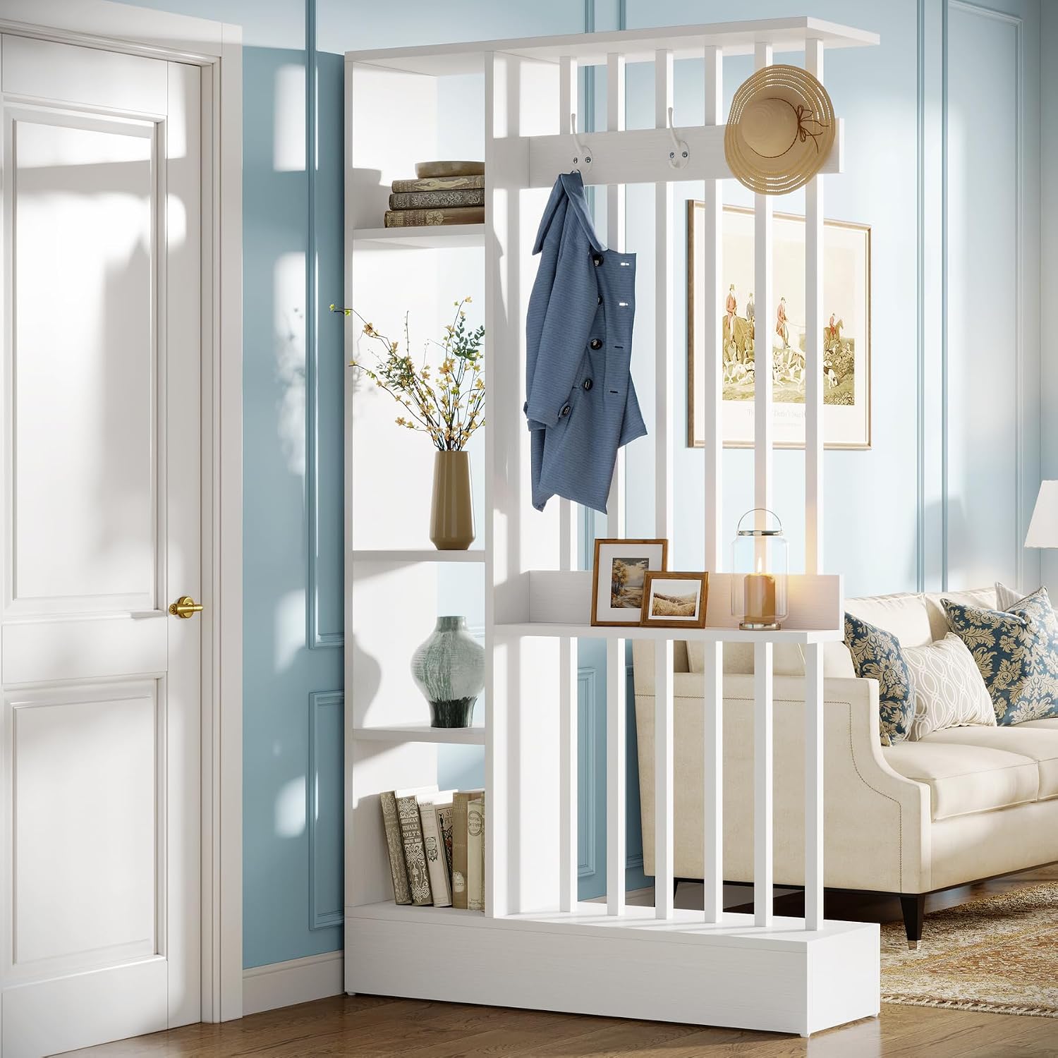 White Shelved Bookcase Room Divider with Coat Hooks