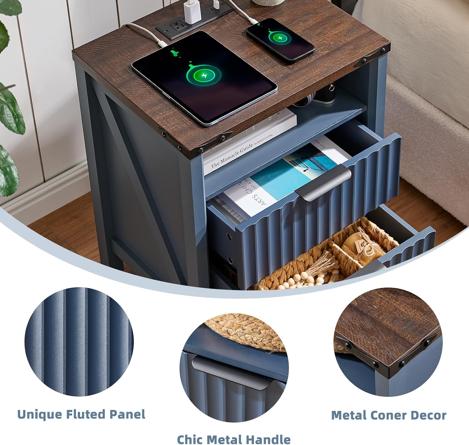 Navy Fluted Charging Nightstand