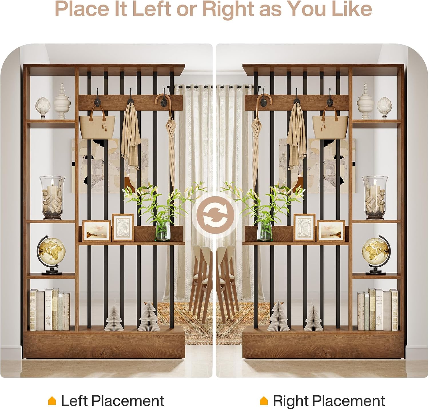 Brown Shelved Divider With Coat Hooks