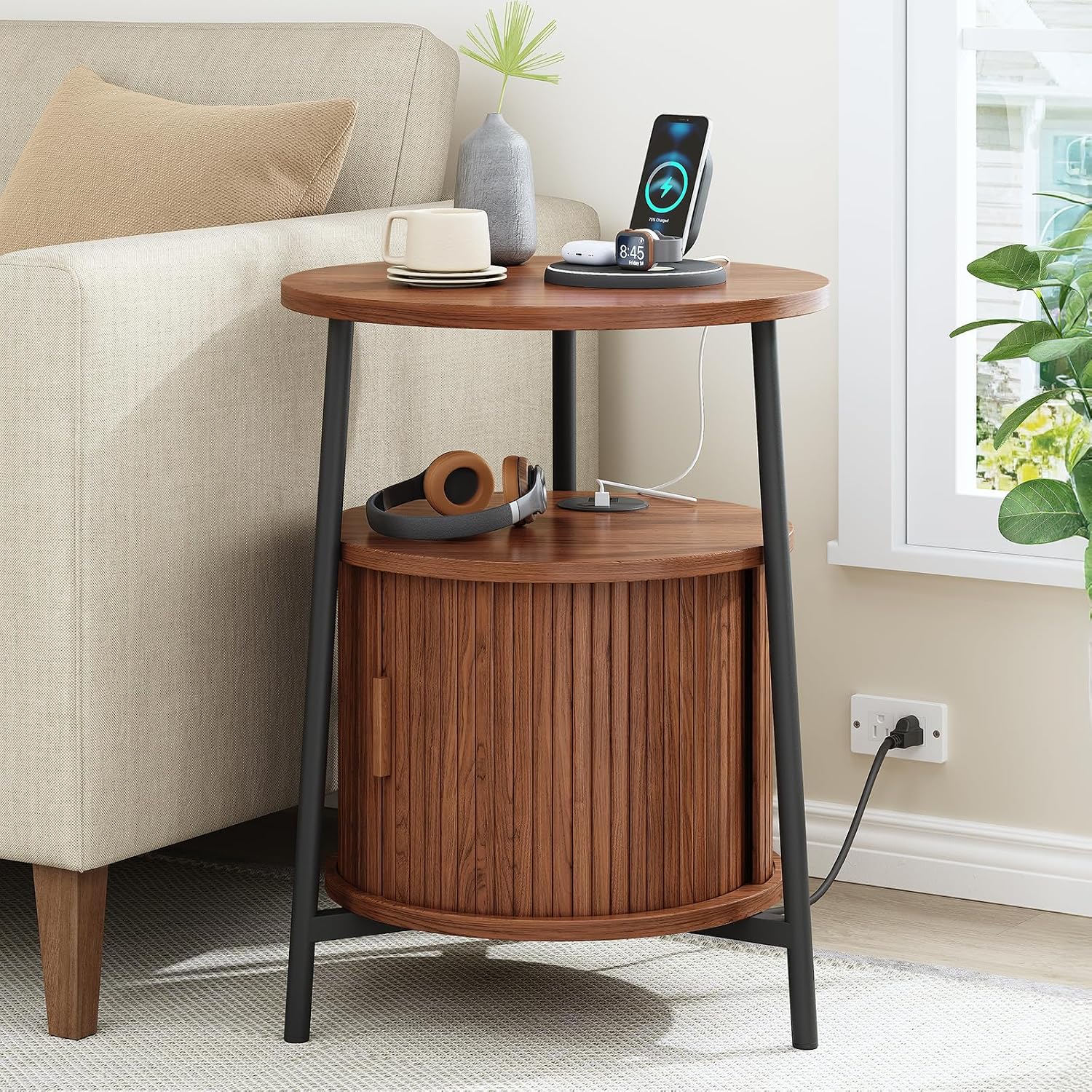 Walnut Fluted Charging Round Side Table