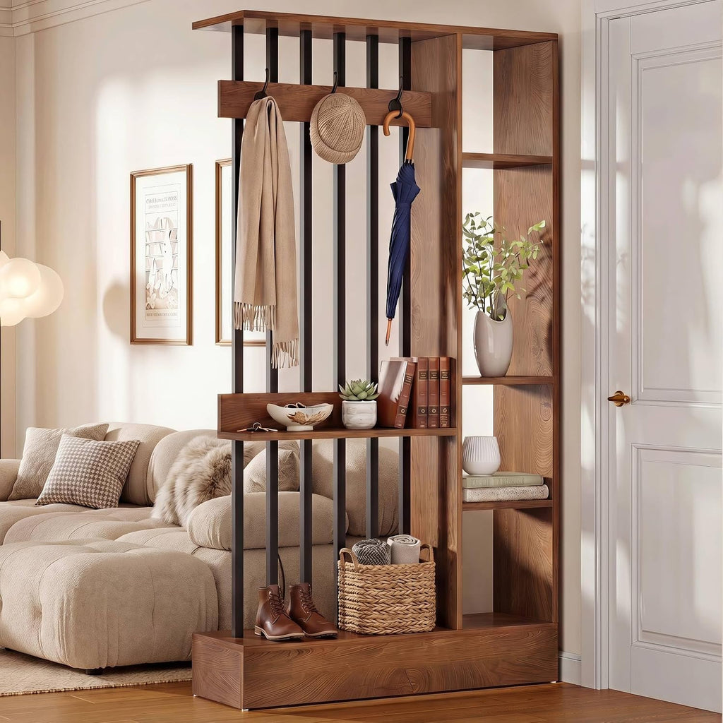 Brown Storage Coat Hook Room Divider