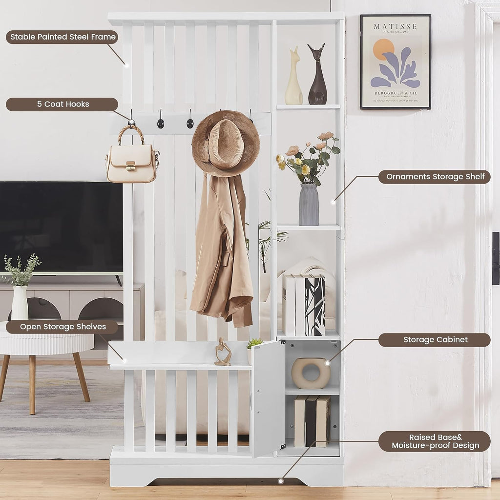 White Wood Storage Bookshelf Room Divider with Coat Rack