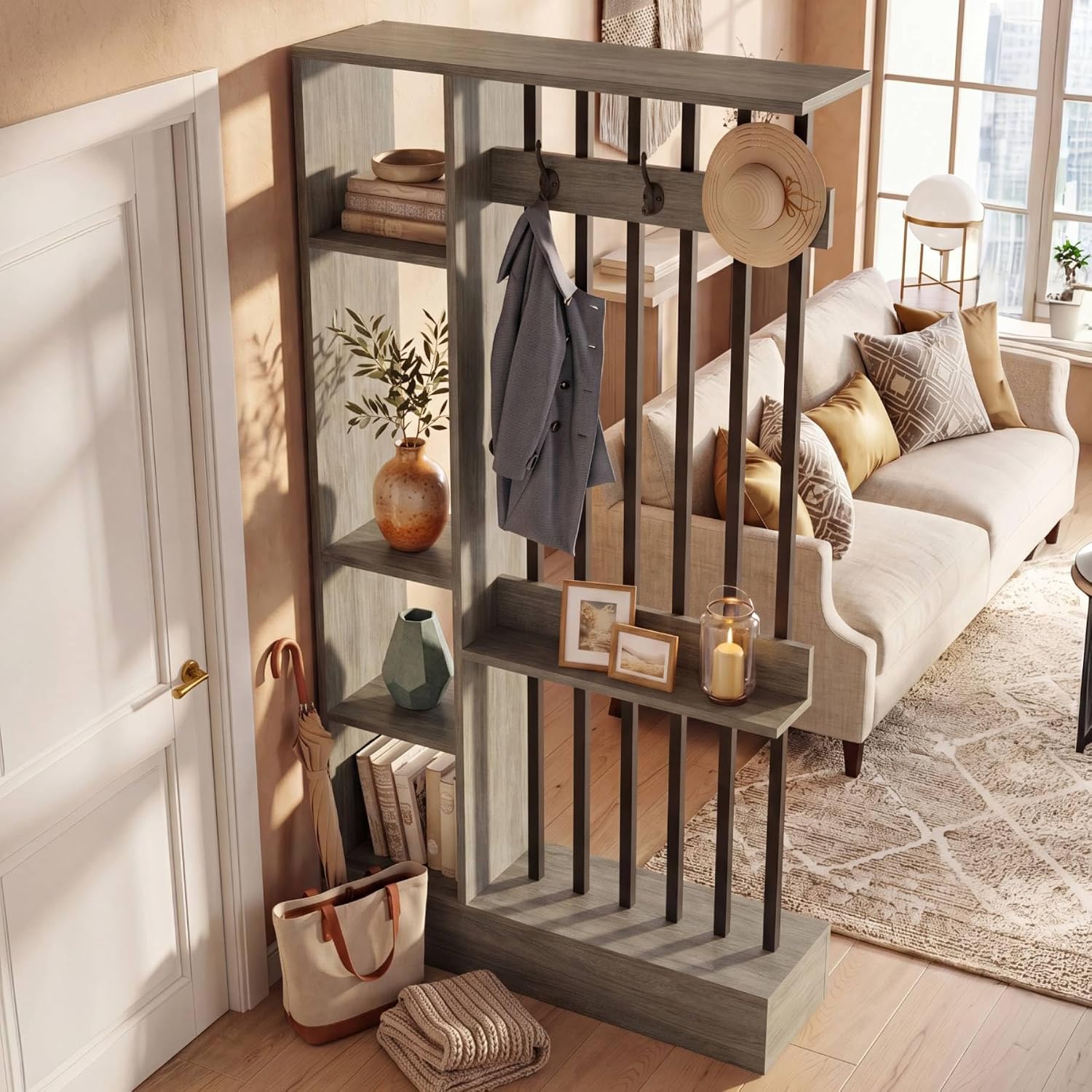 Grey Storage Coat Hook Freestanding Room Divider Shelf