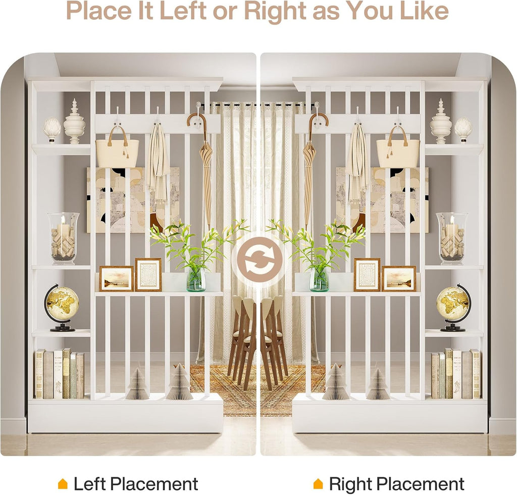 White Shelved Bookcase Room Divider with Coat Hooks