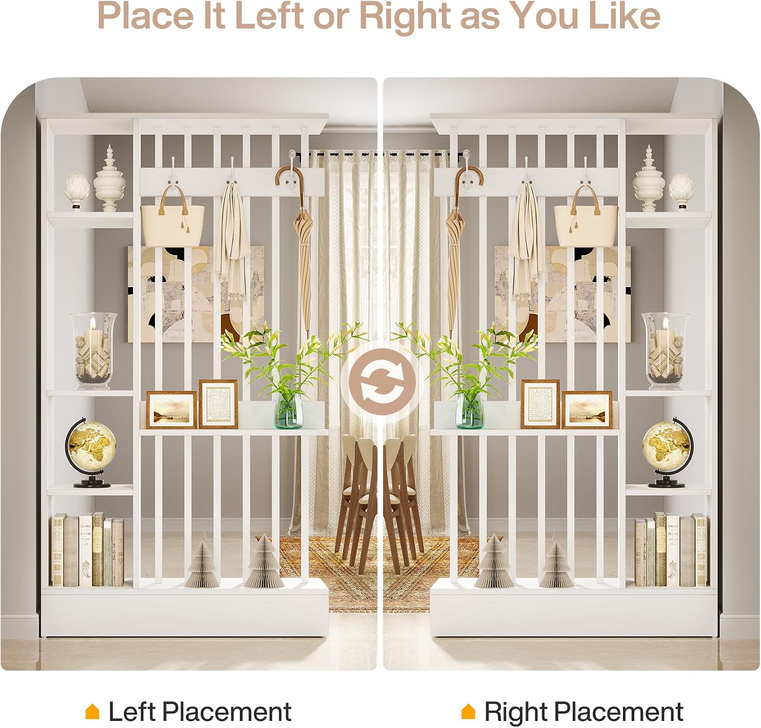 White Shelved Bookcase Room Divider with Coat Hooks