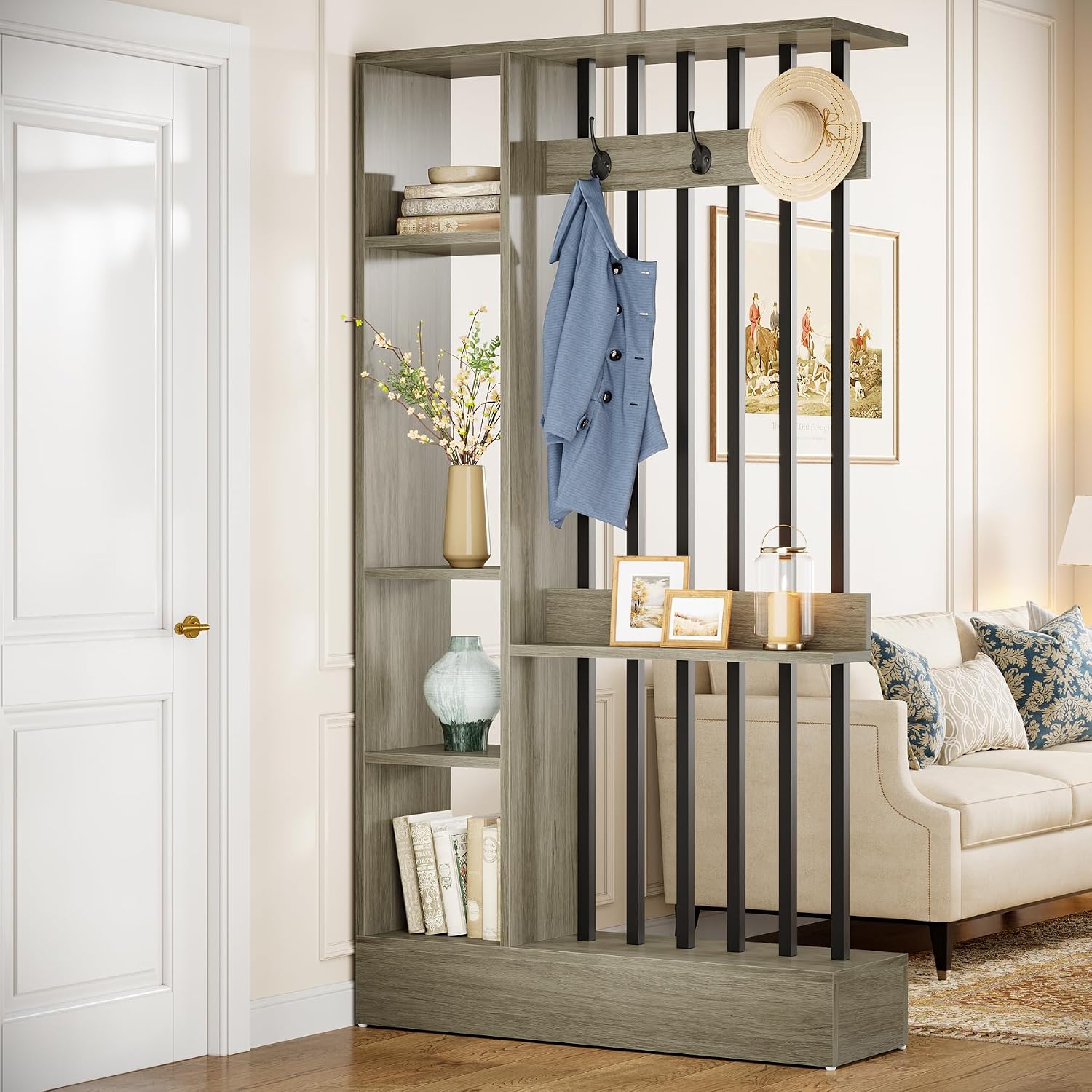 Grey Shelved Bookcase Room Divider with Coat Hooks