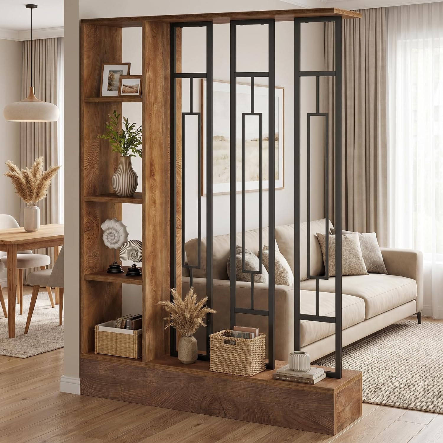 Brown Black Wooden Shelved Freestanding Room Divider