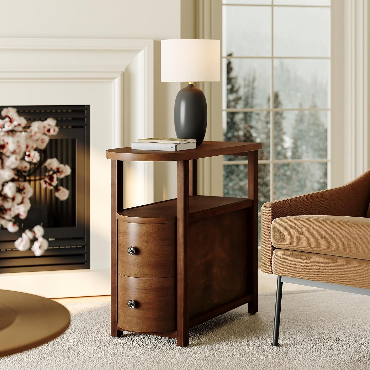 Vintage Brown Solid Wood End Table with Drawers