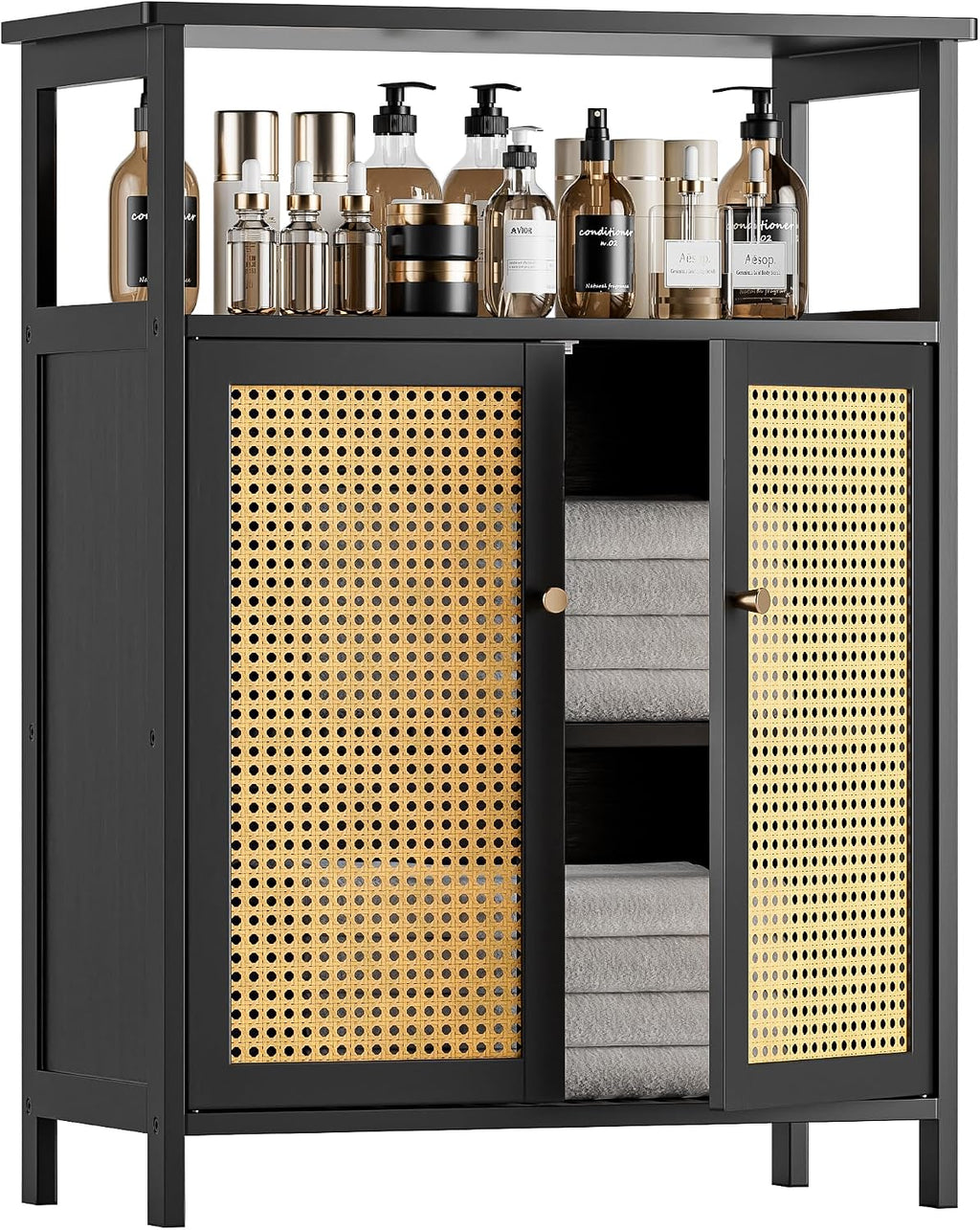 Black Rattan Bathroom Storage Cabinet