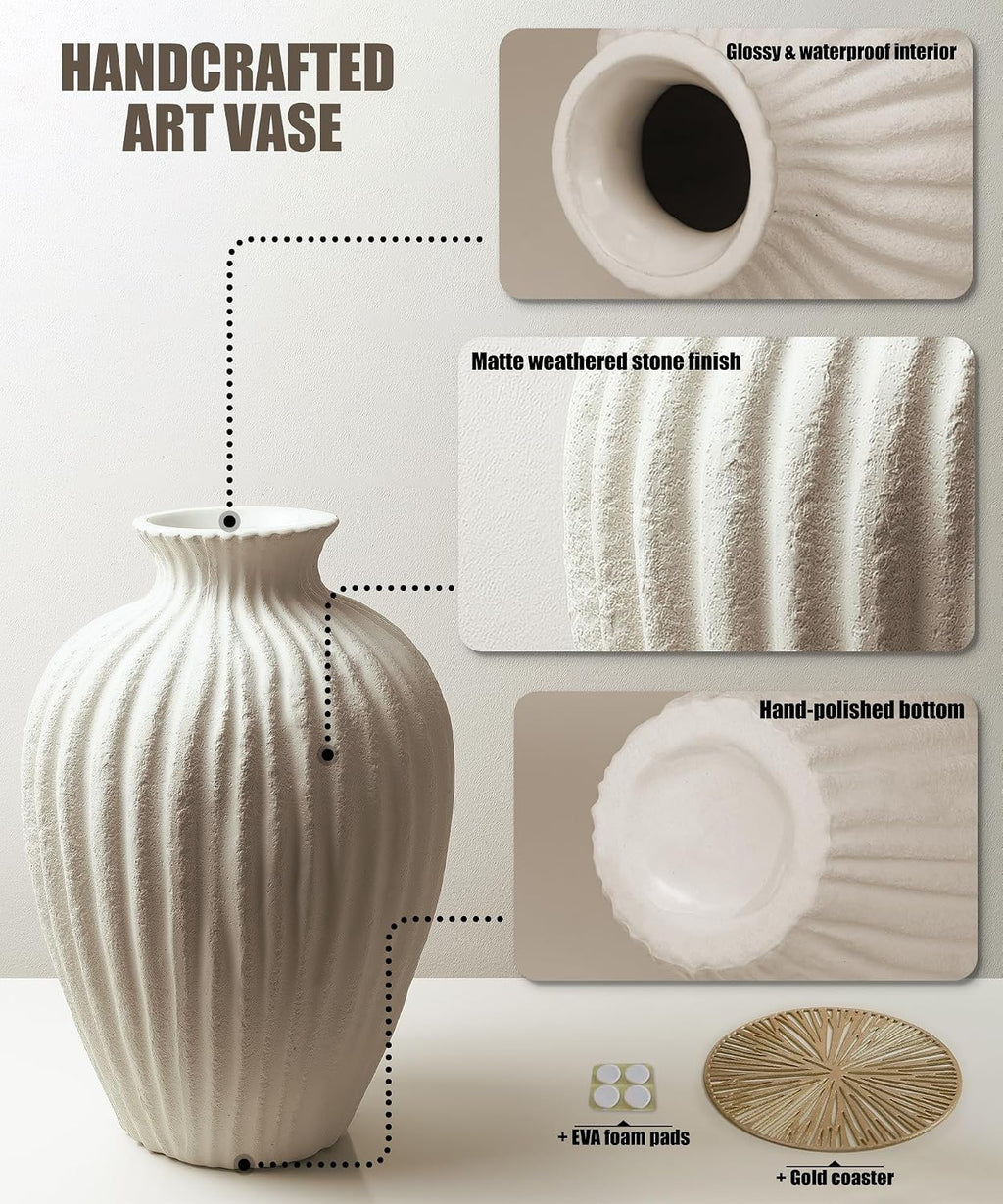 Warm White Wave Textured Ceramic Vase