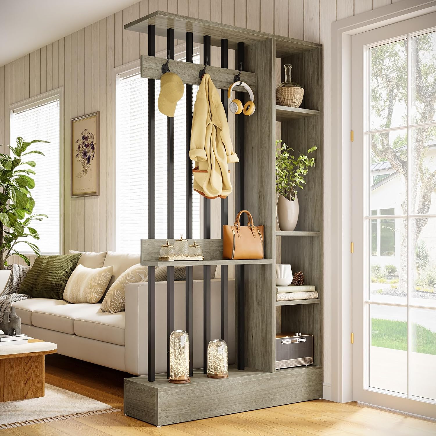 Grey Shelved Bookcase Room Divider with Coat Hooks