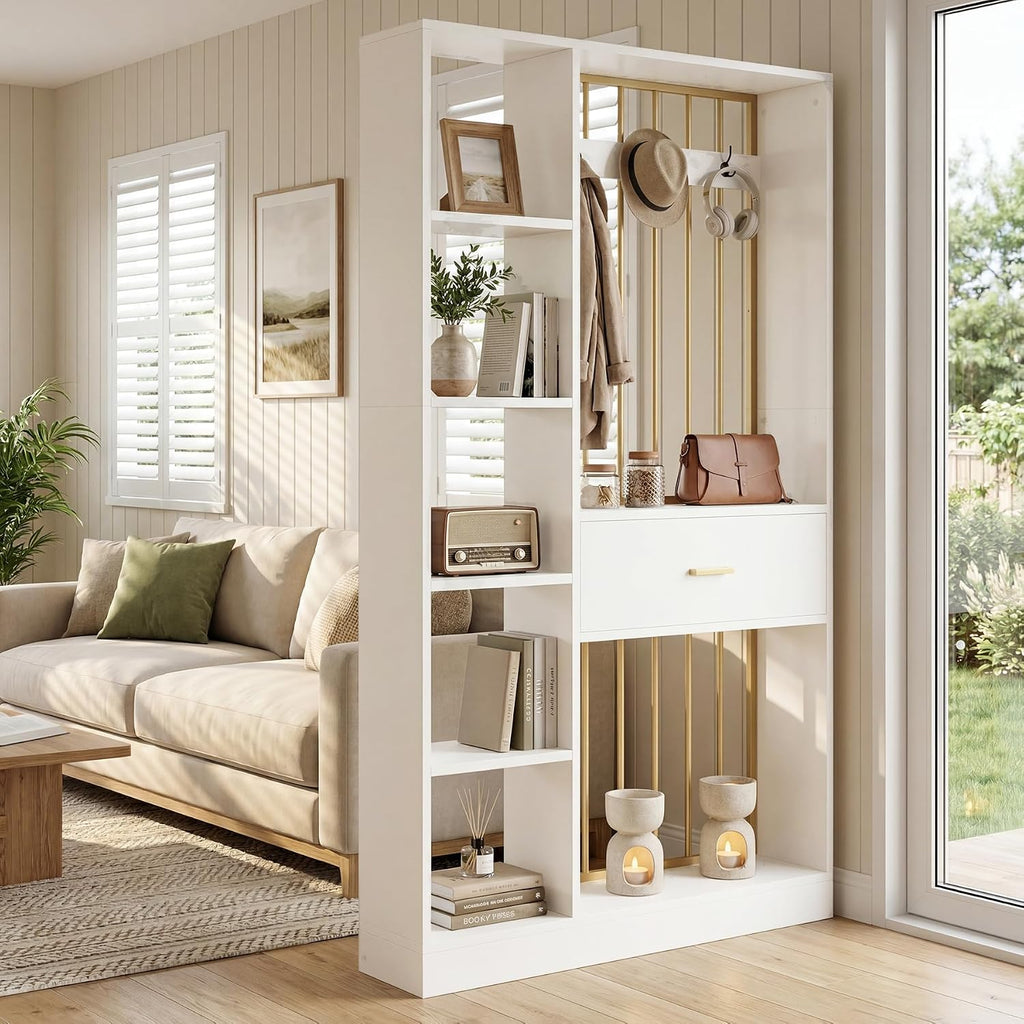 White Gold Shelved Room Divider with Drawer Coat Racks