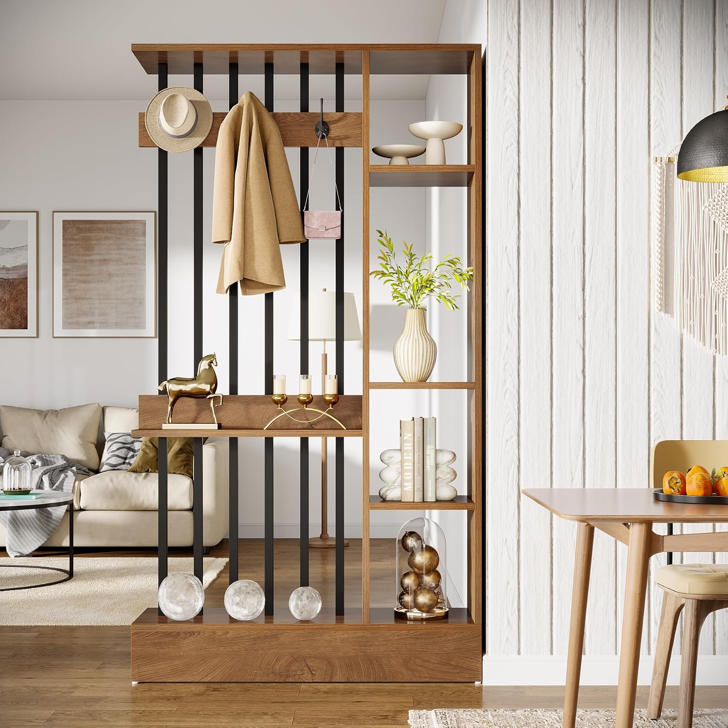 Brown Shelved Divider With Coat Hooks