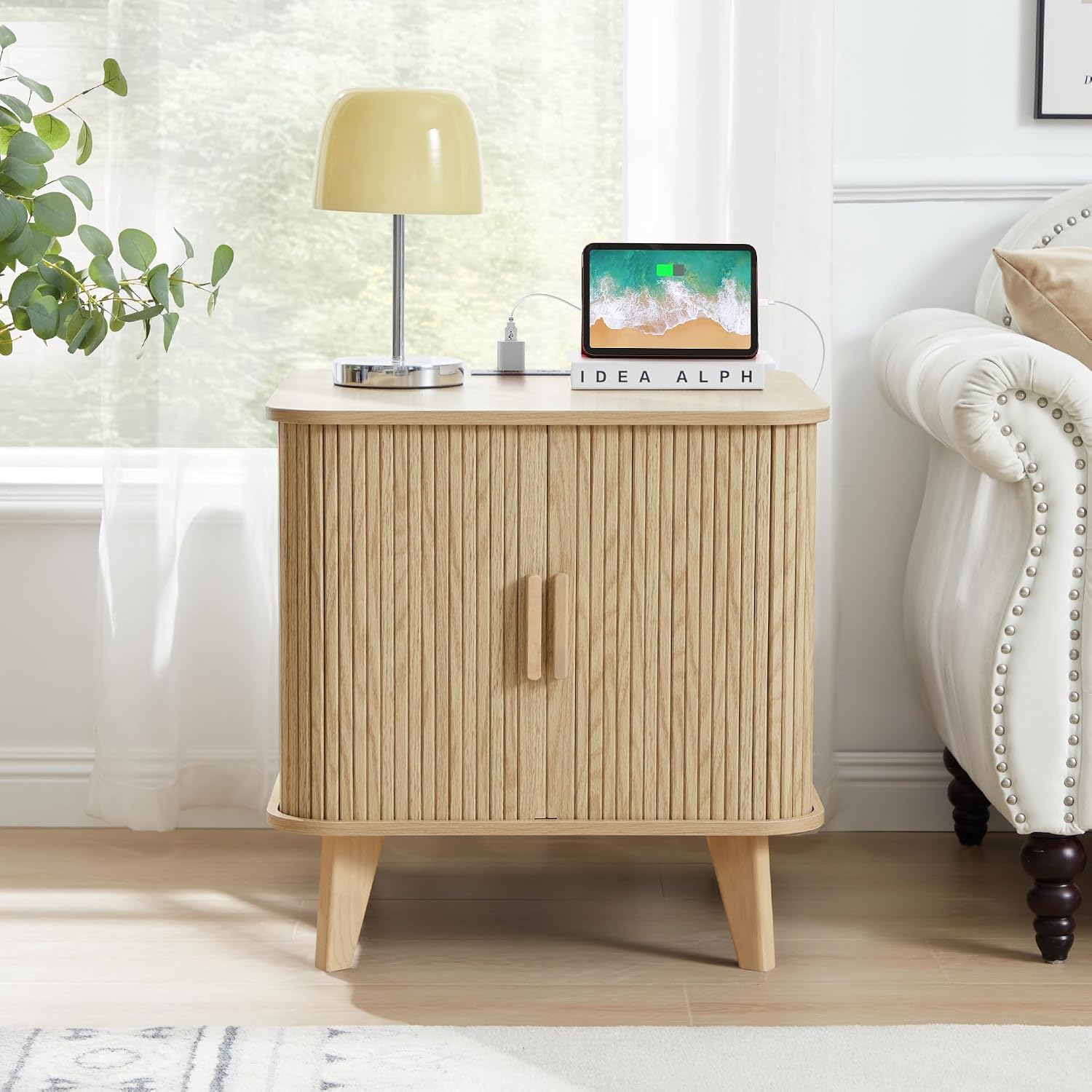 Fluted Wood End Table with Charging Station